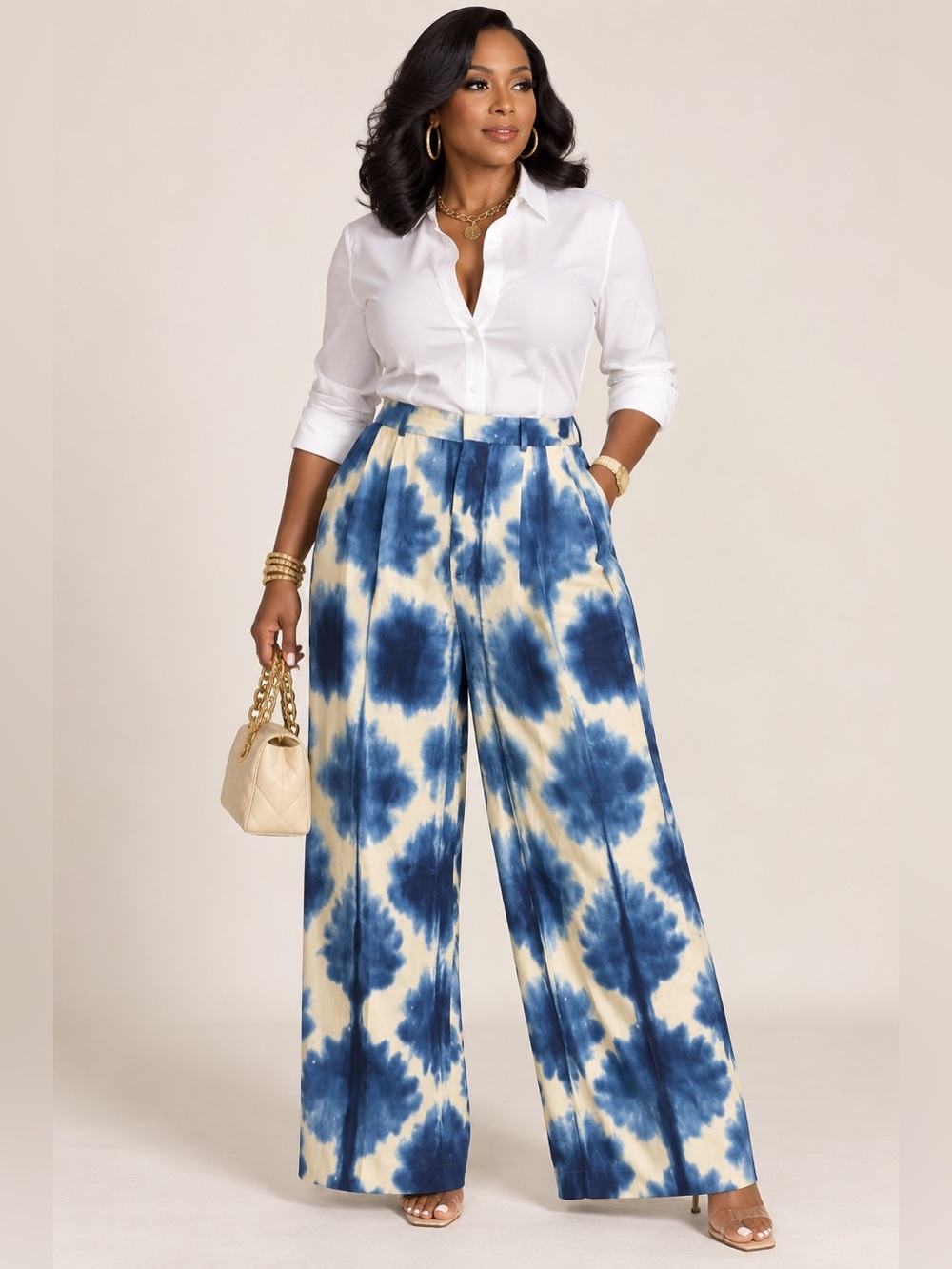 Wide-Leg Tie-Dye Pants in Blue and Cream